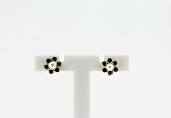 Kleine Blumen - Ohrstecker 375 Gold ( 9 Karat ) mit Smaragd und Süßwasserperle – Bild 2