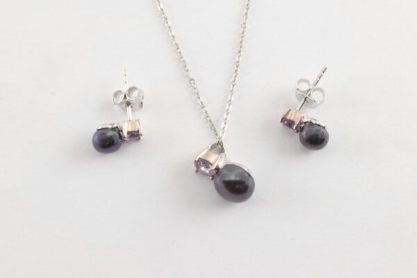 Schmuckset in Sterlingsilber mit Tahitiperle z.T. vergoldet